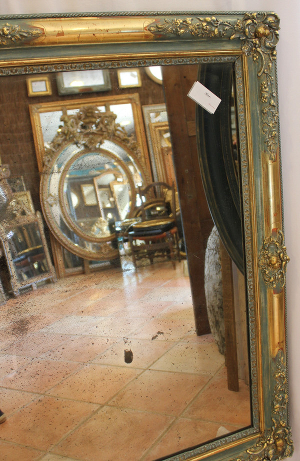Miroir Ancien Rectangle, Décor De Fleurs, Feuille d'Or Et Patine, Glace Mercure 84 X 111 Cm