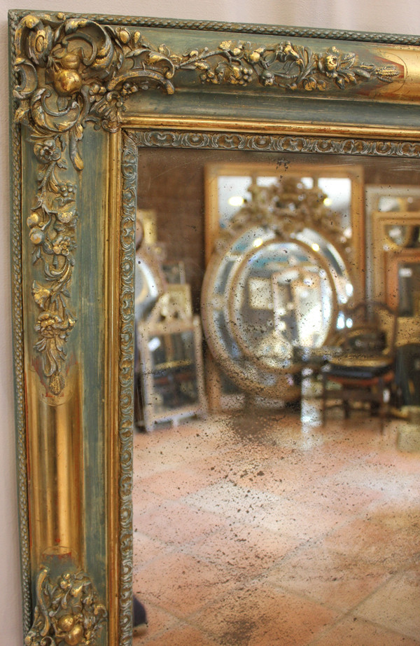 Miroir Ancien Rectangle, Décor De Fleurs, Feuille d'Or Et Patine, Glace Mercure 84 X 111 Cm