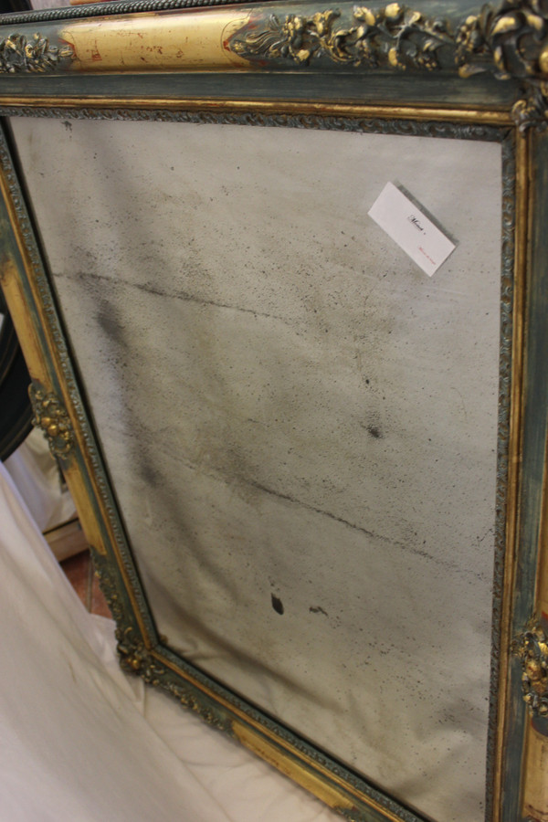Miroir Ancien Rectangle, Décor De Fleurs, Feuille d'Or Et Patine, Glace Mercure 84 X 111 Cm