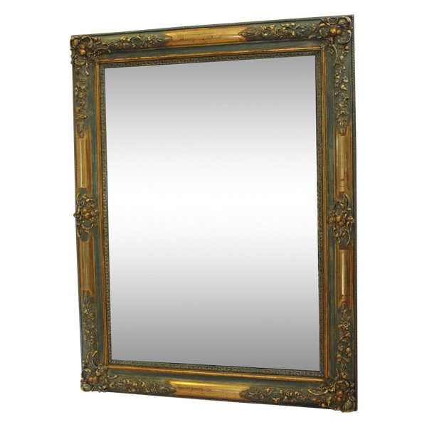 Miroir Ancien Rectangle, Décor De Fleurs, Feuille d'Or Et Patine, Glace Mercure 84 X 111 Cm