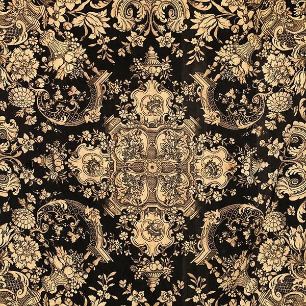 Antique tapestry or table cloth on a black background with rich decorations of Medici vases and flowers