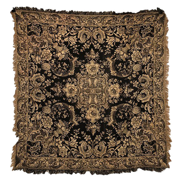 Antique tapestry or table cloth on a black background with rich decorations of Medici vases and flowers