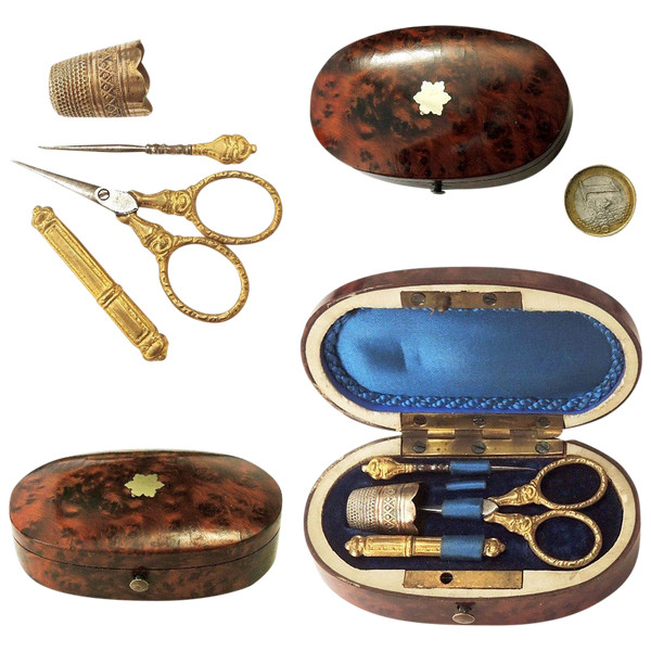 Miniature Sewing Kit Inlaid Wood Box 19th Century Magnifying Glass