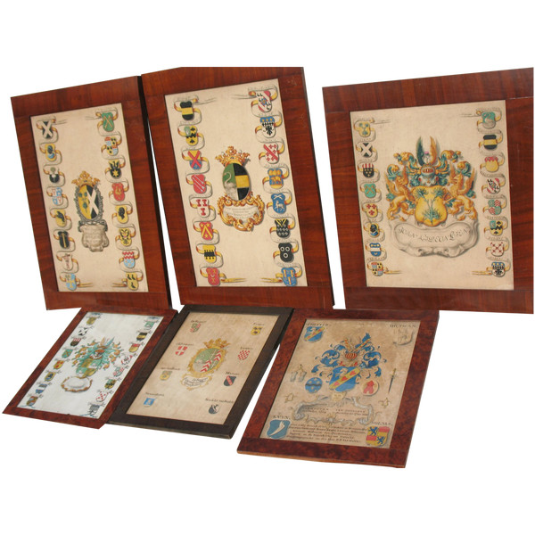 6 gouaches with heraldic decoration signed Horst genealogy with coats of arms by Joan Loten th. 18th