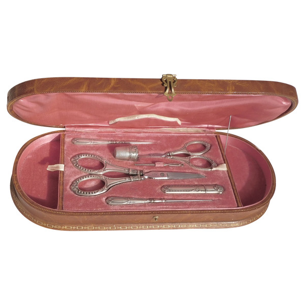 Sewing kit old solid silver linen scissors to embroider early 20th century leather box