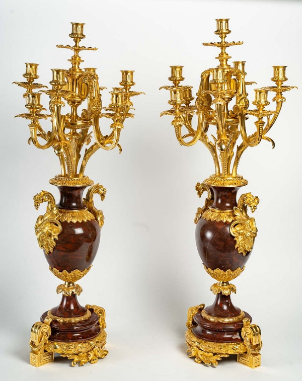 Pair Of Girandoles In Red Marble And Gilt Bronze 19th Century