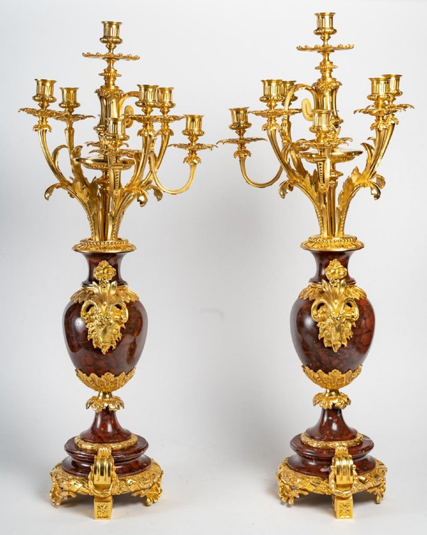 Pair Of Girandoles In Red Marble And Gilt Bronze 19th Century