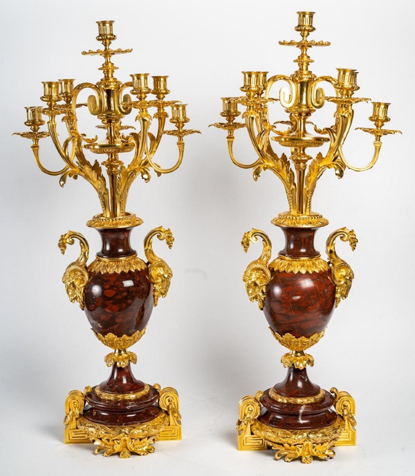 Pair Of Girandoles In Red Marble And Gilt Bronze 19th Century