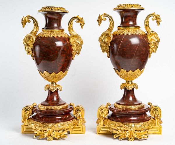 Pair Of Girandoles In Red Marble And Gilt Bronze 19th Century