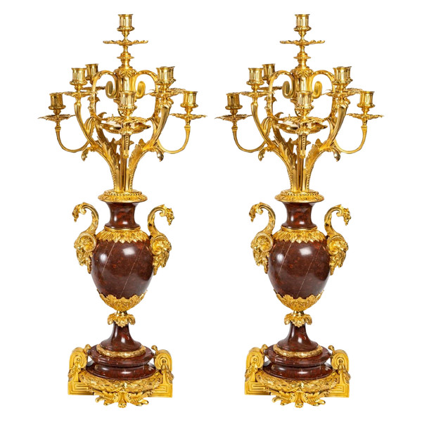 Pair Of Girandoles In Red Marble And Gilt Bronze 19th Century