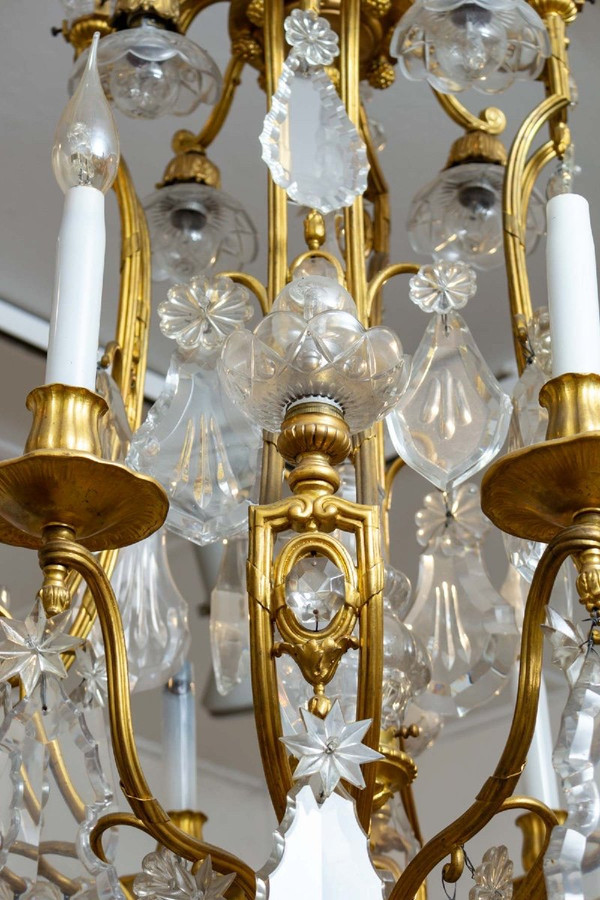 Lampadario a gabbia in bronzo dorato e cristallo Baccarat, fine XIX secolo