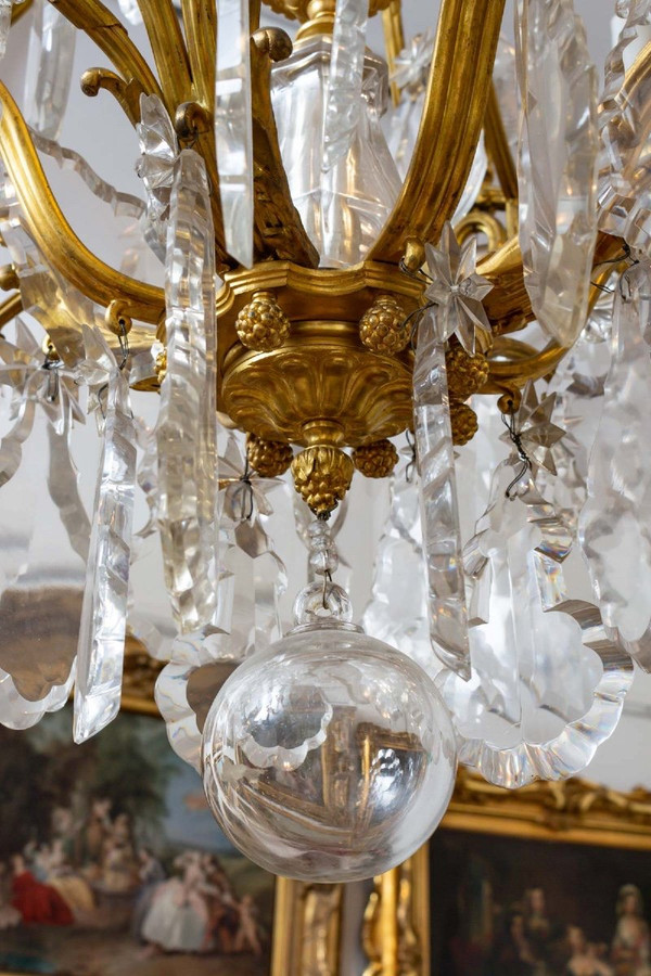 Lampadario a gabbia in bronzo dorato e cristallo Baccarat, fine XIX secolo