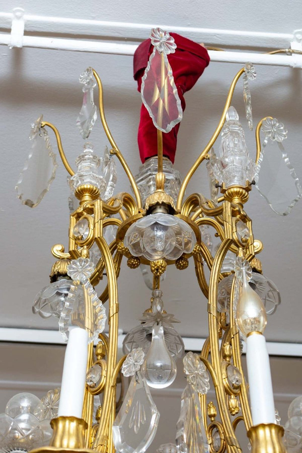 Lampadario a gabbia in bronzo dorato e cristallo Baccarat, fine XIX secolo