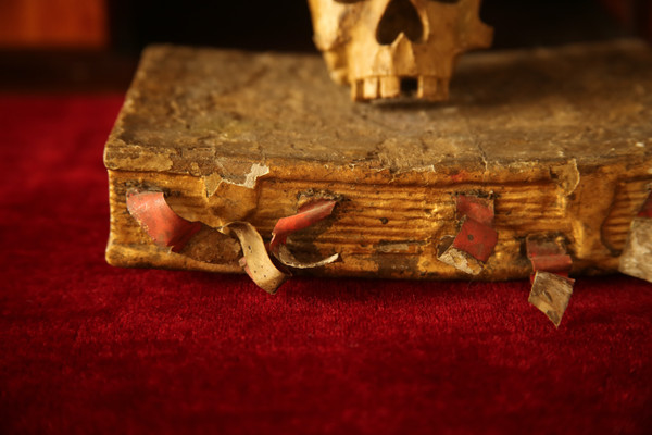  Carved book vanity, wood and parchment, German work from the 18th century.