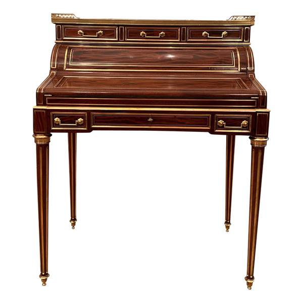 Petit Bureau A Cylindre En Acajou Flammé De Style Louis XVI Epoque XIXeme