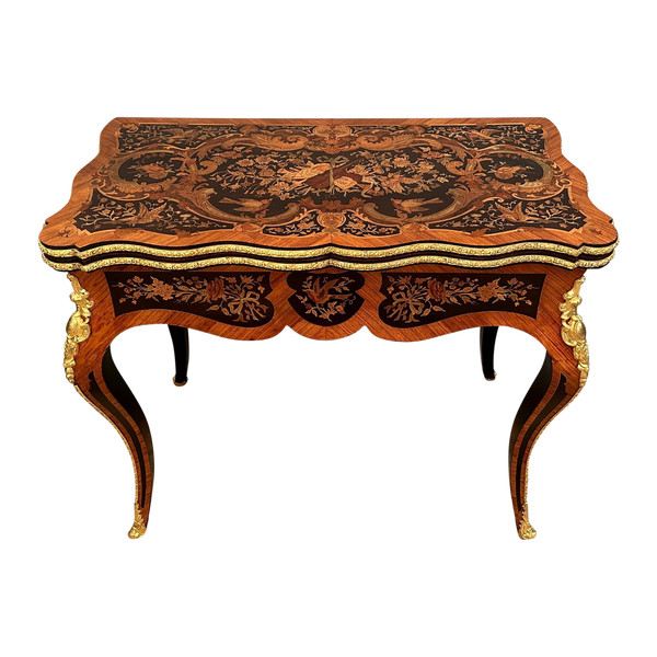 Table A Jeux Console En Marqueterie d'Epoque Napoleon III Vers 1870