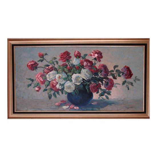 Pierre  FOREST- Bouquet de roses rouges et blanches dans un vase bleu