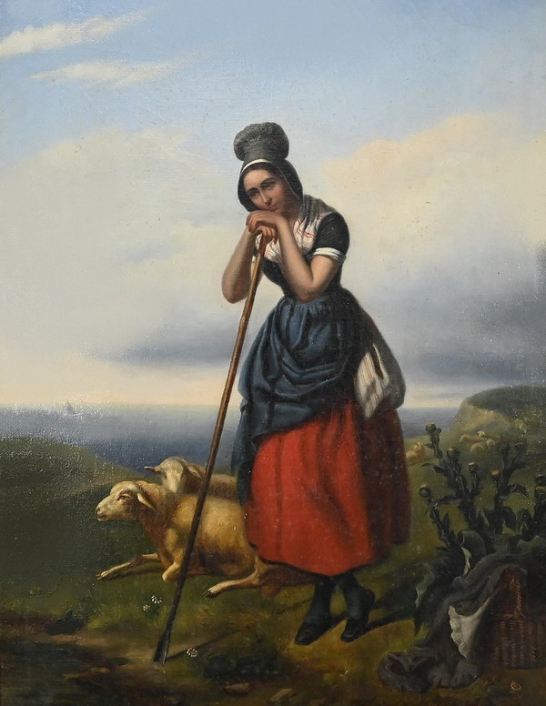 Oil painting, “The Shepherdess”, 19th century school – 2nd part 19th century