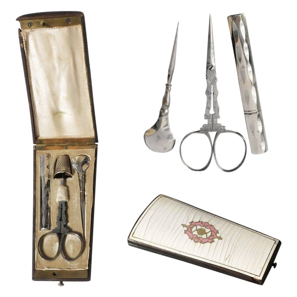 Vecchio kit da cucito in acciaio Forbici da cattedrale di Napoleone III