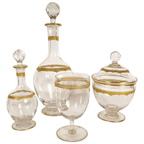 Service de Nuit 4PC Cristal Saint-Louis Modèle Roty Dorure Carafe Sucrier XXè