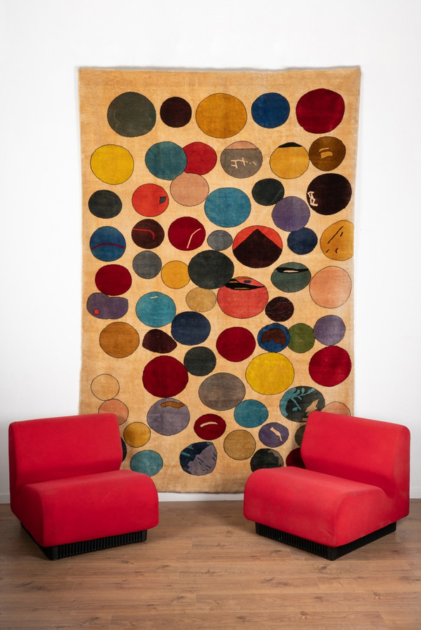 Carpet, or tapestry, in wool representing colored circles.