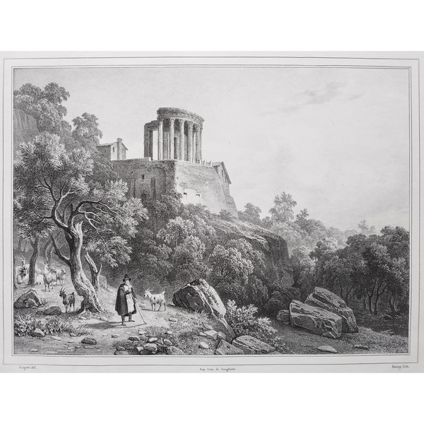 Tempio Della Sibilla A Tivoli Antica Litografia Di Deroy Secondo Coignet