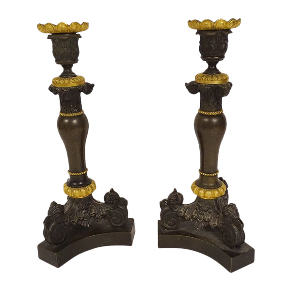 Pair of bronze candlesticks Napoleon III capitals 19th century