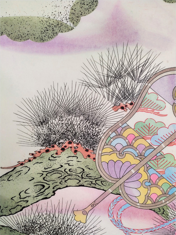 Progetto giapponese di kimono giapponesi acquerelli e inchiostri