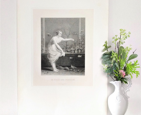Etching the Girl With Chicks Engraving After Jean-louis Hamon Old Print
