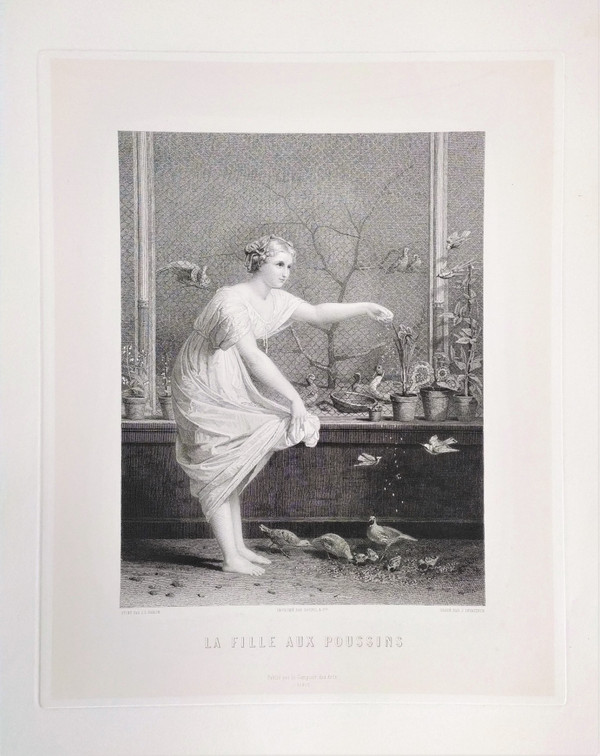 Etching the Girl With Chicks Engraving After Jean-louis Hamon Old Print