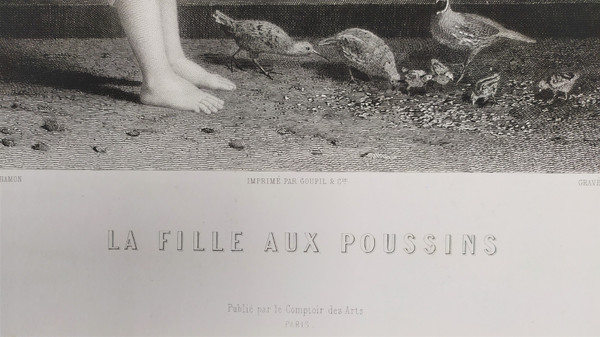 Etching the Girl With Chicks Engraving After Jean-louis Hamon Old Print