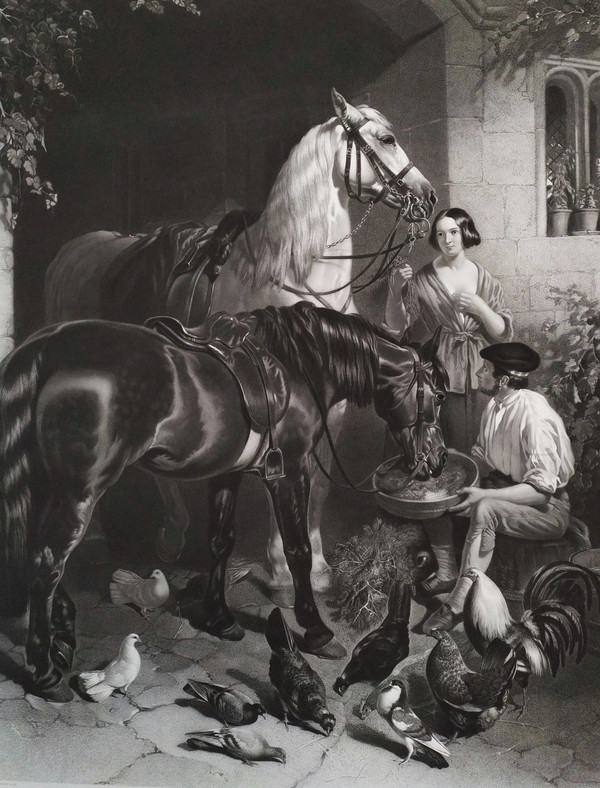 Horses Large Engraving  By Thomas Atkinson After John Frederick Herring Etching Old Print 19th C