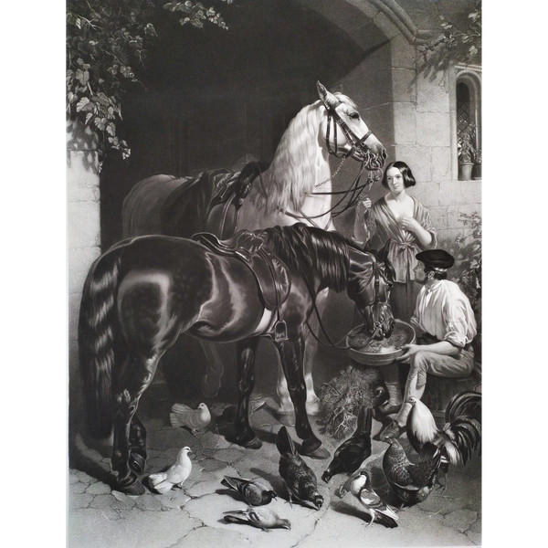 Horses Large Engraving  By Thomas Atkinson After John Frederick Herring Etching Old Print 19th C