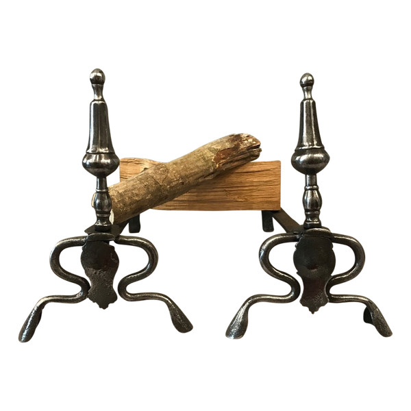 Antique polished iron andirons from the 17th Louis XIV period