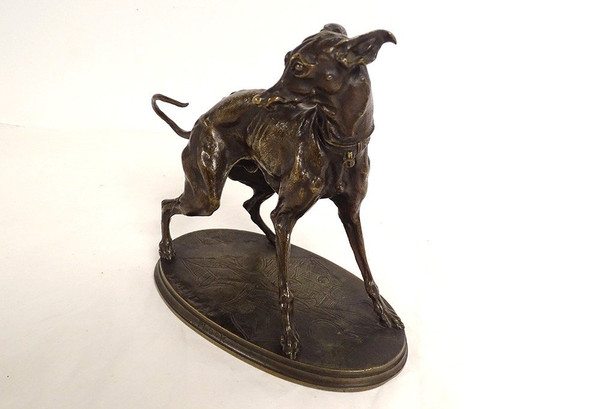 Piccola scultura in bronzo Pierre-Jules guida il levriero Plock 1854 XIX