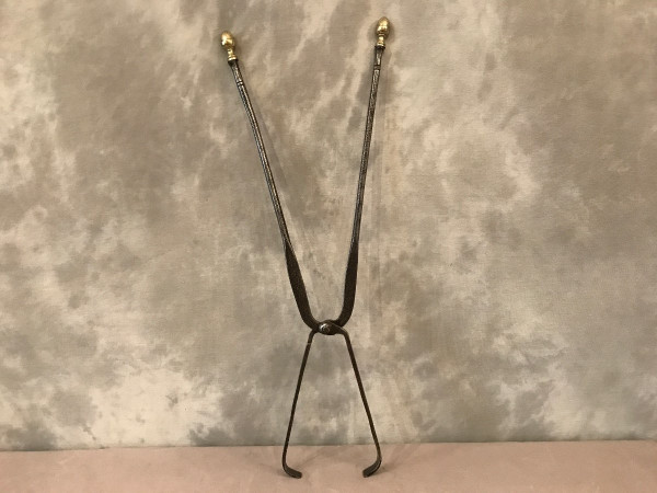 Beautiful large log tongs iron and bronze arm tongs from the late 18th century