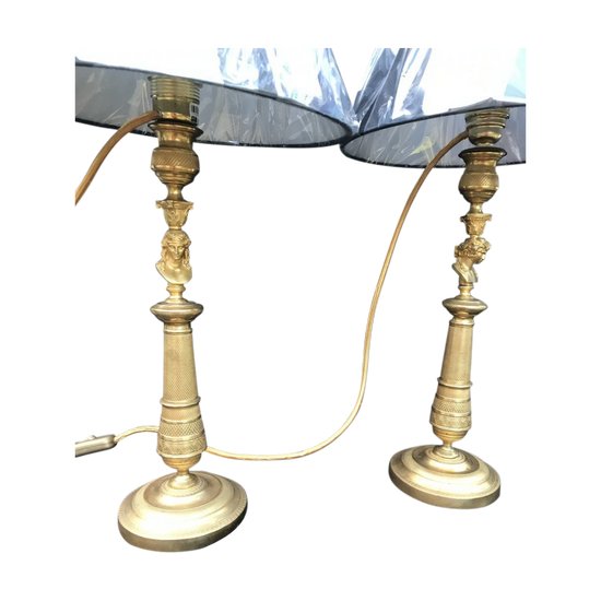 Paire Bougeoirs Couple à l'Antique XIX Bronze Doré Lampe