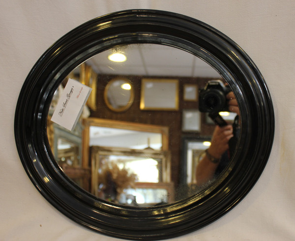 Napoleon III Mirror, Oval Blackened Lacquered Wood, Mercury Glass 34 x 39 cm