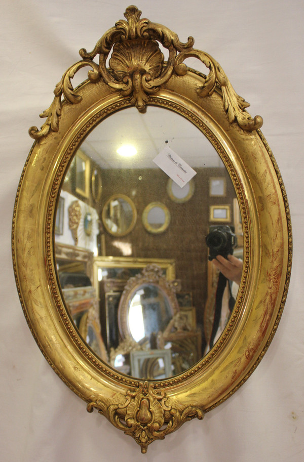 Napoleon III Oval Mirror, Louis XV Style, Shell, Gold Leaf 50 X70 Cm