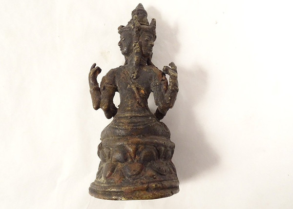 Sculpture Statuette Bronze Déesse Tara Trois Têtes Bouddhisme Thailande 19è