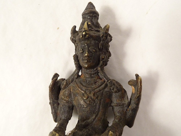 Sculpture Statuette Bronze Déesse Tara Trois Têtes Bouddhisme Thailande 19è