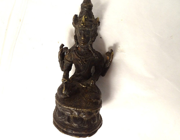 Sculpture Statuette Bronze Déesse Tara Trois Têtes Bouddhisme Thailande 19è