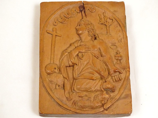 Scultura in bassorilievo Legno Olivier Maria Maddalena Penitente Teschio Croce XIX secolo