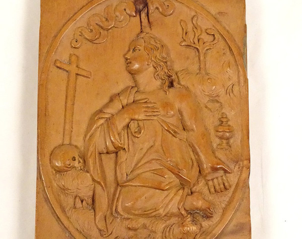 Scultura in bassorilievo Legno Olivier Maria Maddalena Penitente Teschio Croce XIX secolo