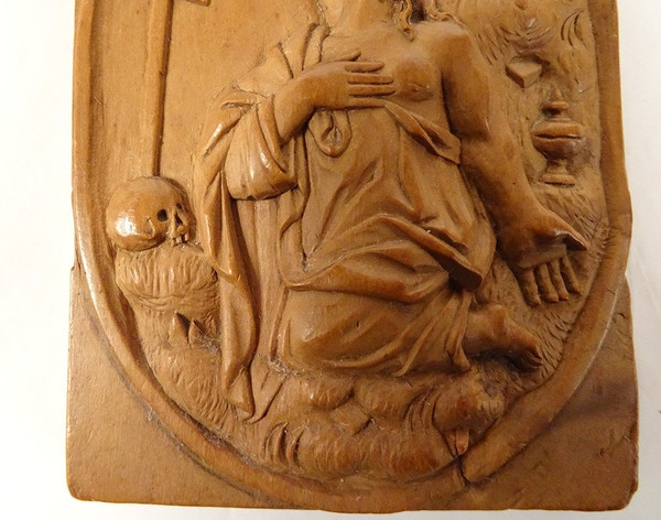 Scultura in bassorilievo Legno Olivier Maria Maddalena Penitente Teschio Croce XIX secolo