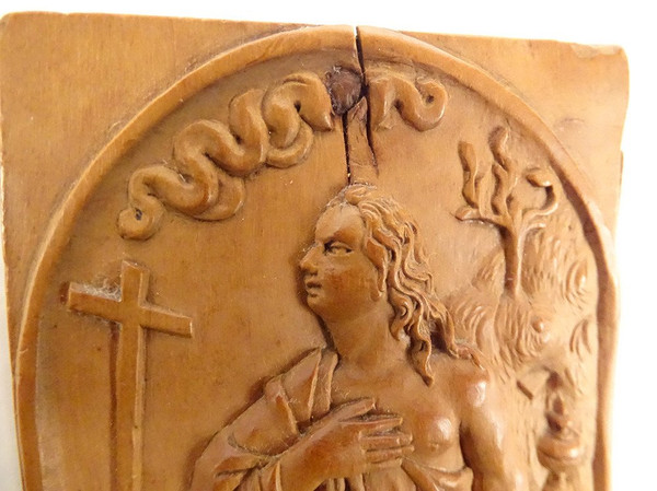 Scultura in bassorilievo Legno Olivier Maria Maddalena Penitente Teschio Croce XIX secolo