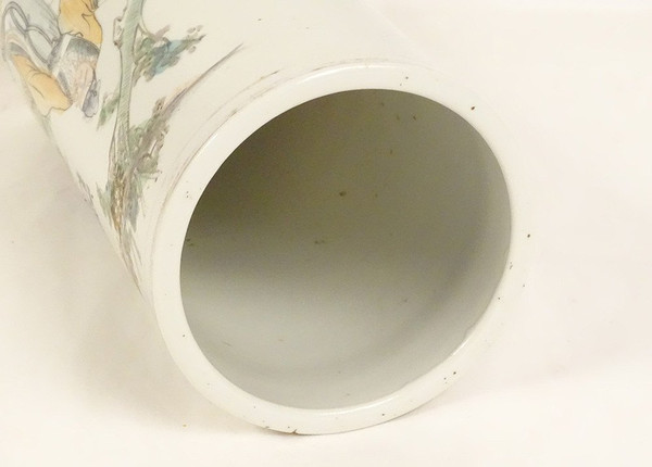 Large Chinese Porcelain Brush Pot Wise Character Garden Poem 20th Century