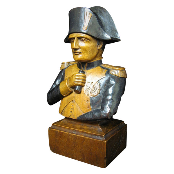 Busto in legno intagliato policromo di Napoleone I.