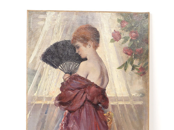 HST Gemälde Porträt Elegante Frau mit Fächer Henri Moreau 1917