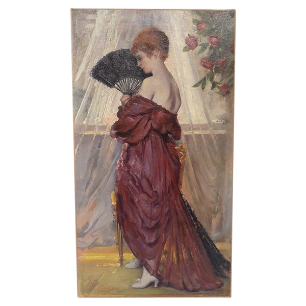 HST Gemälde Porträt Elegante Frau mit Fächer Henri Moreau 1917
